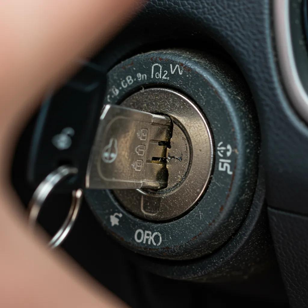 Close-up of a worn car ignition switch showing signs of failure