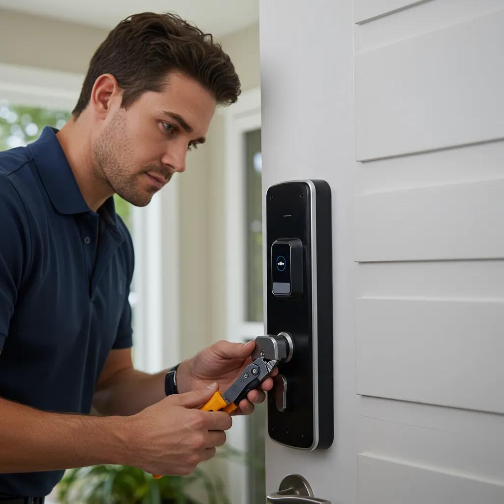 Technician installing a smart lock on a modern front door in Raleigh